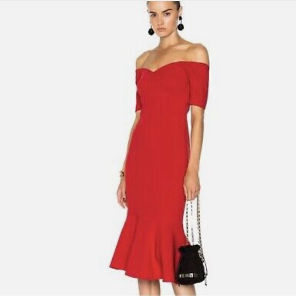 Cinq A Sept Marta Red Midi Off The Shoulder Bodycon Sheath Dress - Picture 1 of 6